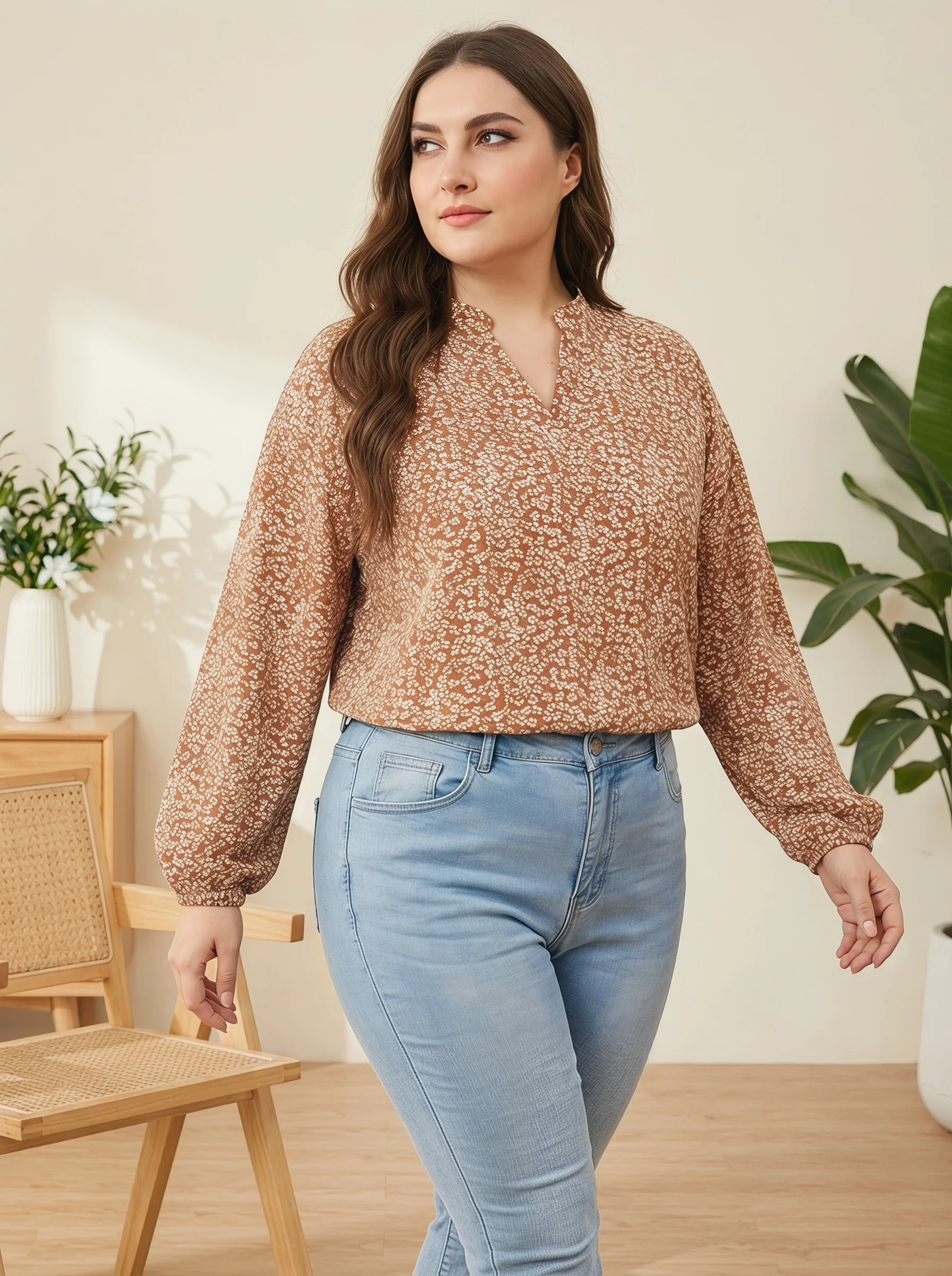 Blusa Túnica Floral Talla Grande Mujer Cuello V - alternate angle