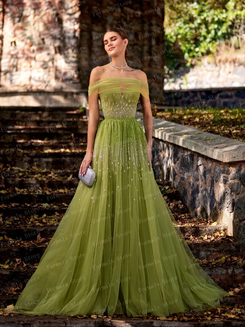 Vestido de noche verde sin hombros para mujer, ropa elegante de lujo con cuentas de cristales, longitud hasta el suelo, Tallas grandes