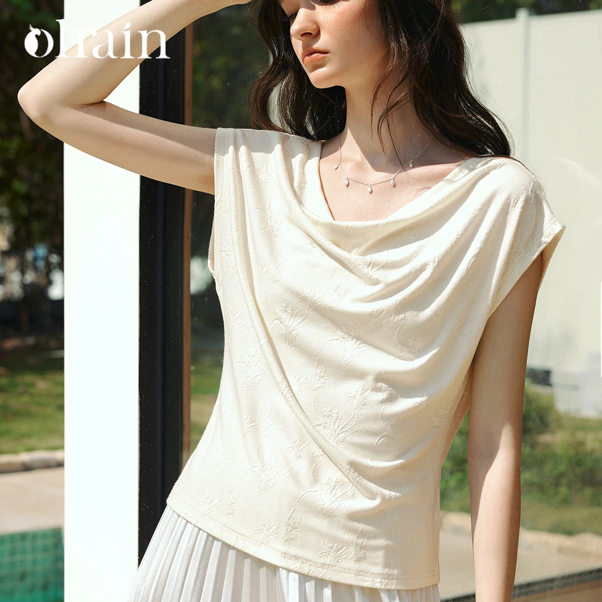 OLrain Elegant Cowl Neck Jacquard Texture Top 2026 Summer Solid Slim Short Sleeve Tee Casual Party Women's Clothing O58XT005139