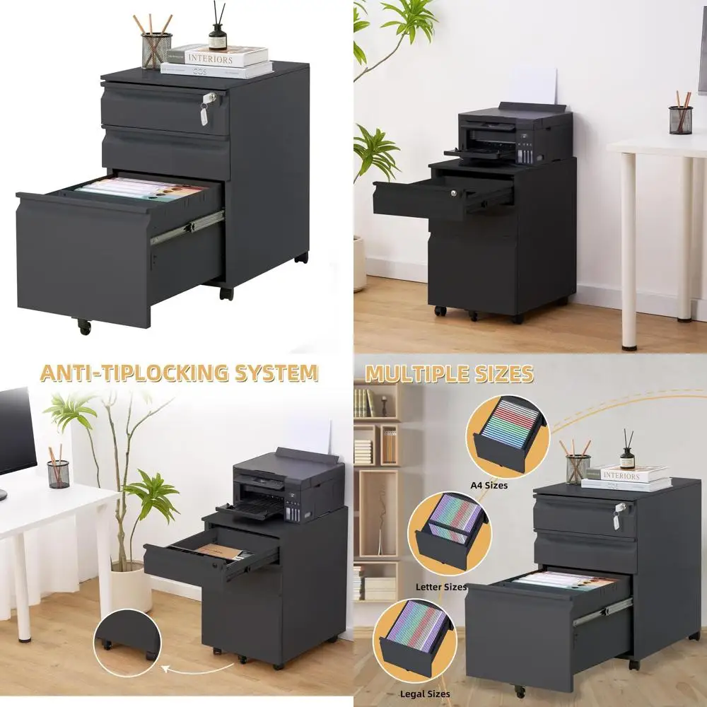 

Мобильный шкаф для документов с 3 выдвижными ящиками и замком для домашнего офиса, защита от опрокидывания, подходит для документов формата Letter, Legal, A4 (в разобранном виде)