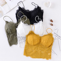 Female Summer Crop Tank Top Women Fashion Deep V Lace Bras Embroidery Floral Tank Top Bra Wrapped Chest Camisole Padded Bra