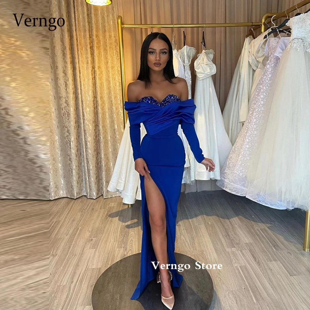 

Verngo Royal Blue Mermaid Strecth Satin Evening Dresses Sparkly Sequin Off Shoulder Long Sleeves Split Prom Gowns Customized