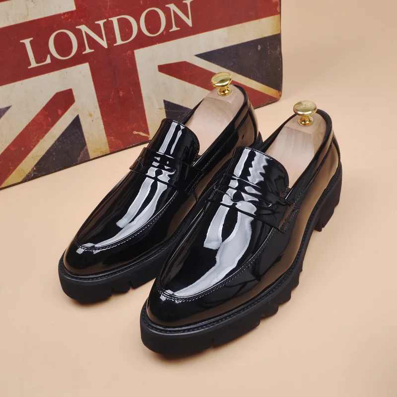 men\'s fashion wedding party dress patent leather shoes slip-on lazy shoe black trend platform loafers gentleman sneakers zapatos