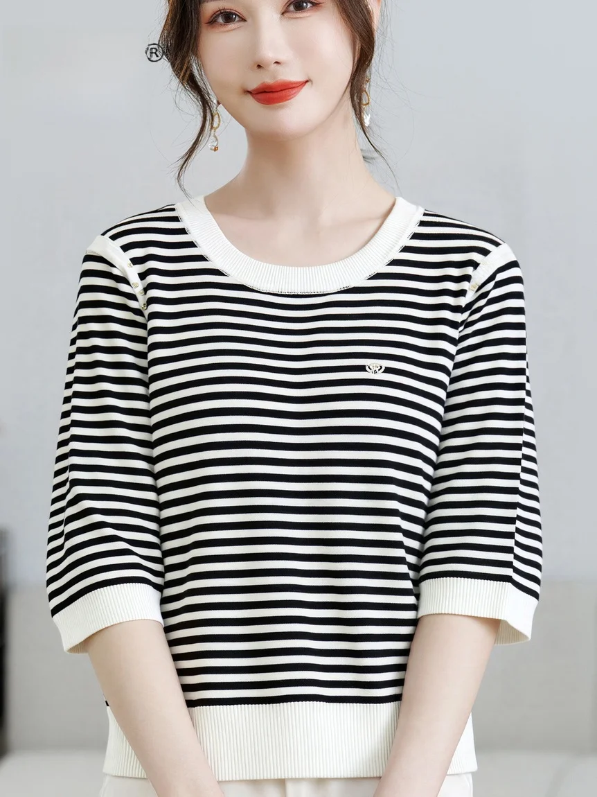 

Летний вязаный топ в полоску с круглым вырезом и рукавом три четверти, женская модная футболка с эффектом похудения, весенняя одежда