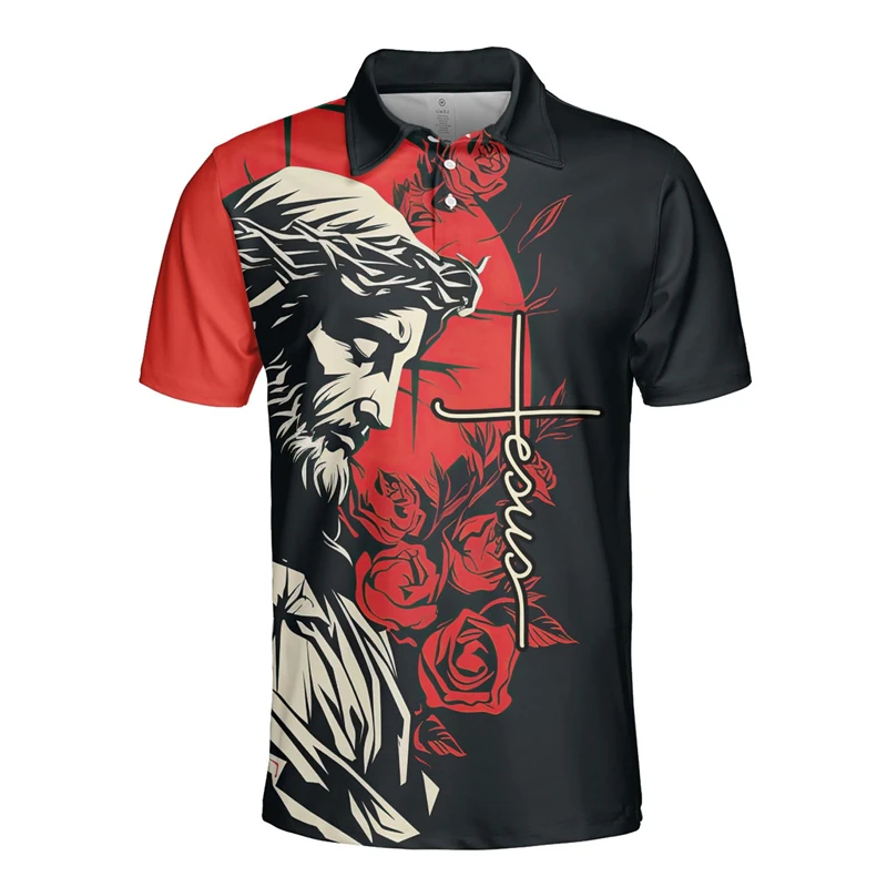 

Fashion 3D Cross Jesus Print Men's Polo T Shirt Funny Lion Pattern Oversized Short Sleeve Casual Lapel Button Tops Golf Clothing