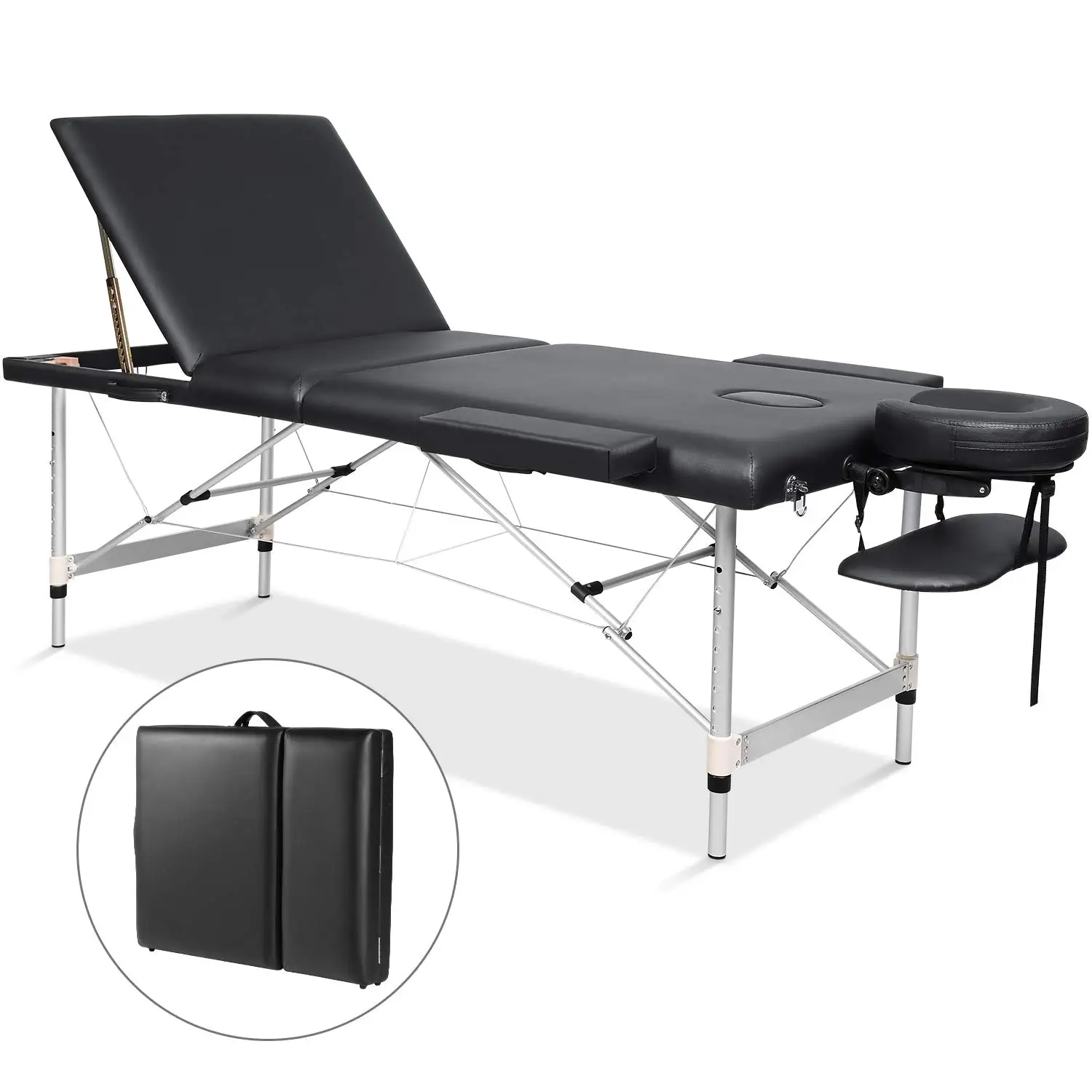 Massage Table Portable Massage Bed Aluminum 3 Section 9 Height Adjustment with Headrest, Armrests, and Hand Pallet, 496lbs