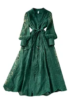 High-End Women's Dress Heavy Embroidery A-Line Long Skirt V-Neck Lantern Sleeve Single Button High Waist Korean Style Commute - Image 5