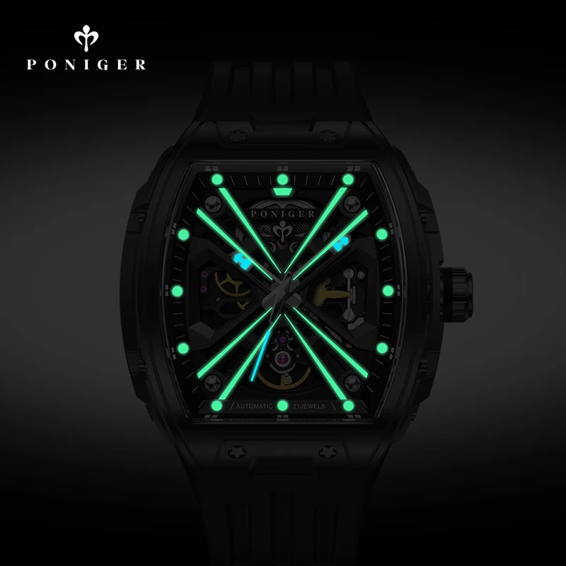 Nueva marca suiza de lujo PONIGER, relojes mecánicos automáticos para hombre, reloj con correa de goma luminosa con esqueleto resistente al agua hasta 50M P617