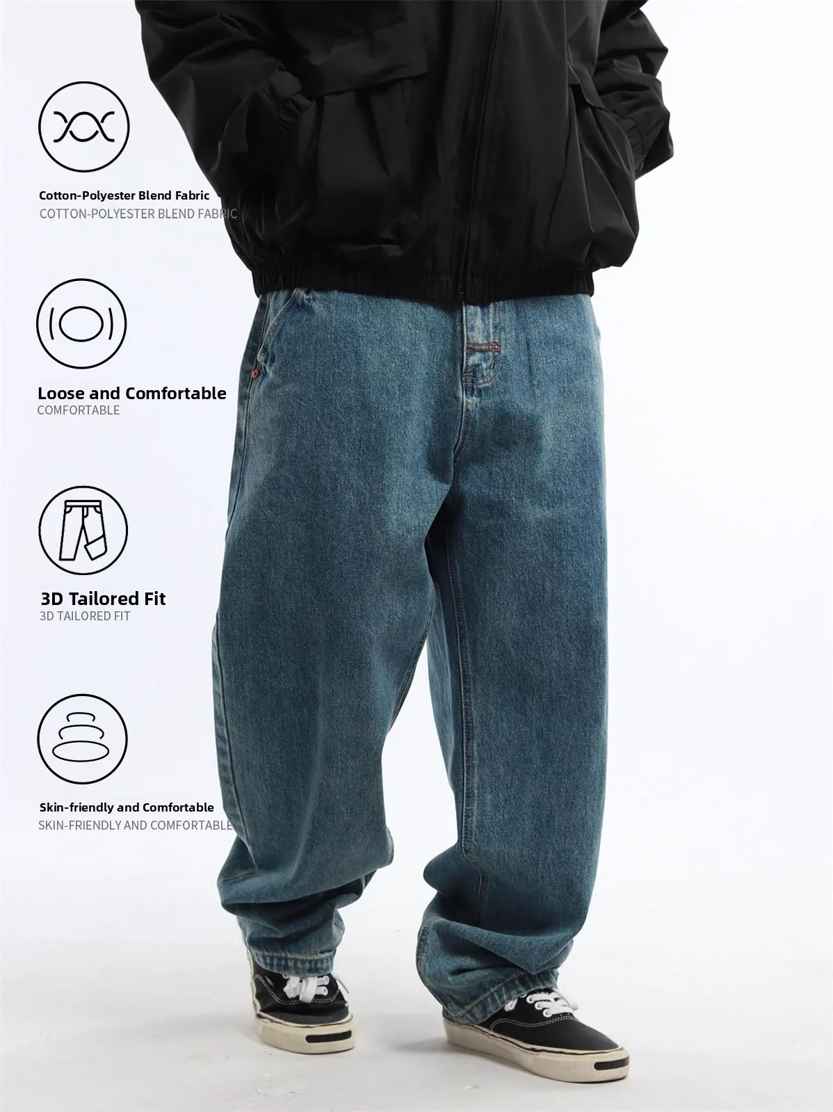 Reknat Vintage Washed Loose Straight Leg Men's Jeans mid Waist Two Colors Simple Blue Cotton Polyester Blend Four Seasons Uni...