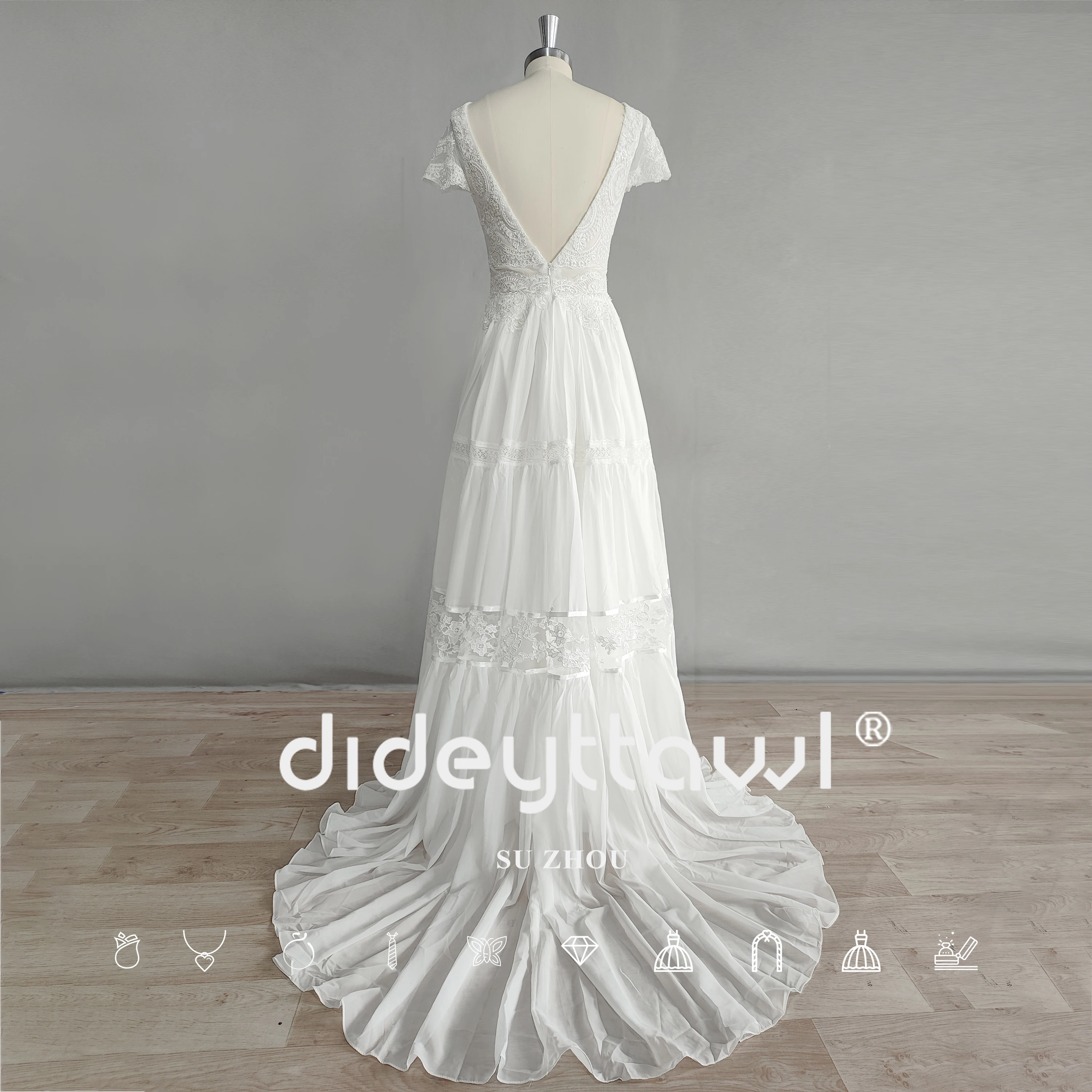 DIDEYTTAWL Real Photo Floral Lace Applique Cap Sleeve Bridal Gown 2023 A Line Backless Wedding Dress For Women