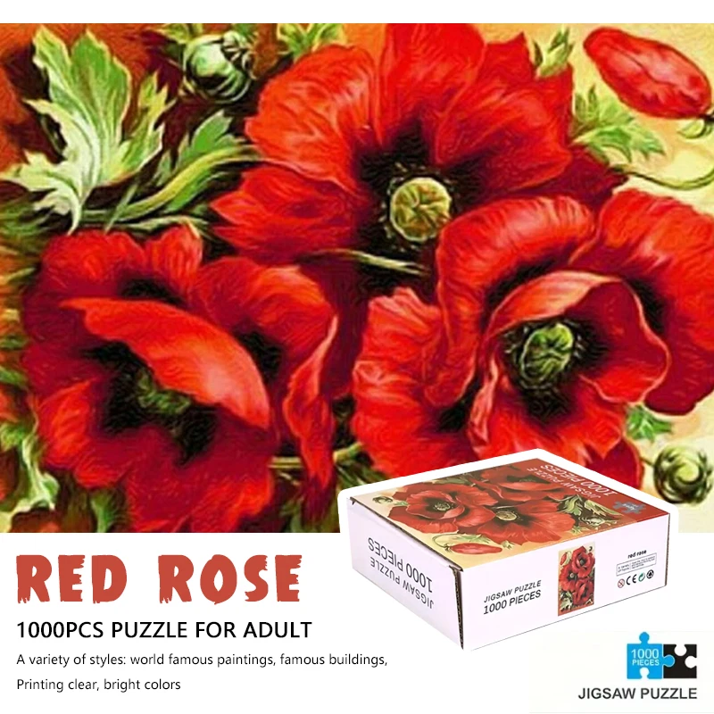 

70cm*50cm 1000pcs Red Rose Flower Jigsaw Puzzle Adult Stress Relief Beautiful Landscape Painting Puzzle Home Wall Decor