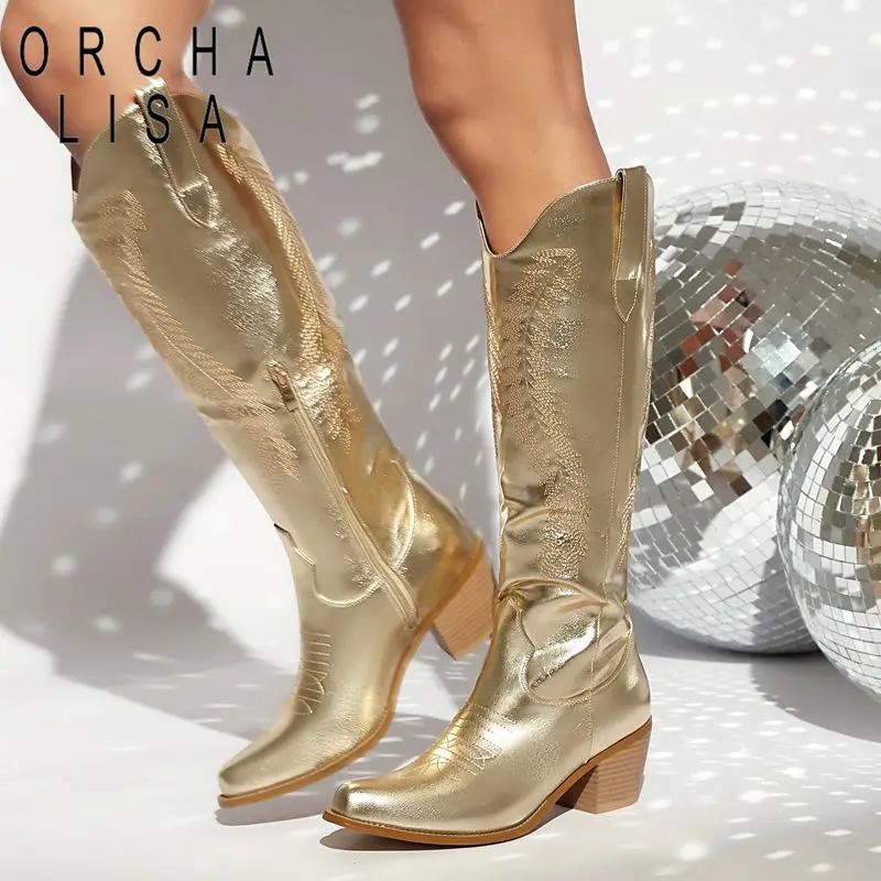 ORCHA LISA Hot Gold Women Knee High Boots Square Toe 5cm Block Heels Zipper Embroider Large Size 41 42 43 Leisure Western Winter