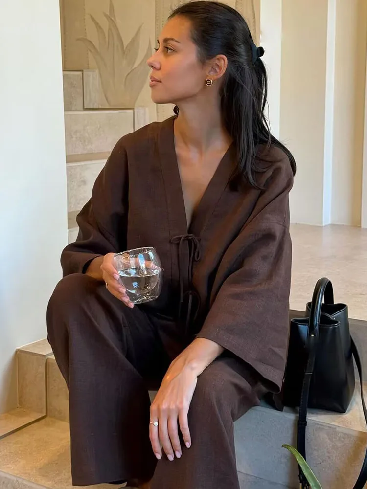 

HH Autumn Women Fashion Solid Long Sleeve Bow Lace-up V-Neck Shirt+Leisure Pockets High-Waisted Pleated Zipper Pants Suit