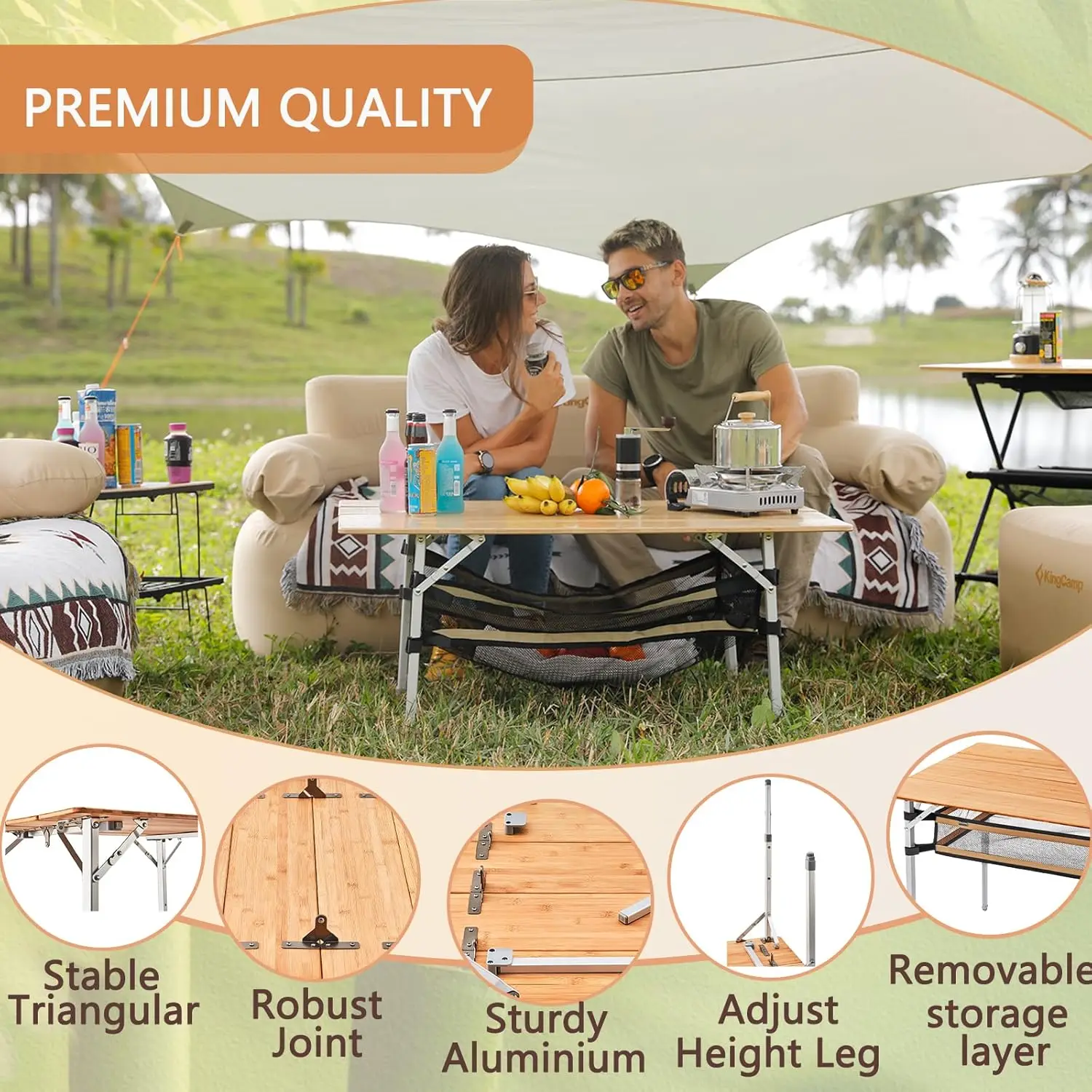 

Lightweight Stable Folding Camping Table Bamboo Outdoor Folding Tables Adjustable Height Portable Picnic