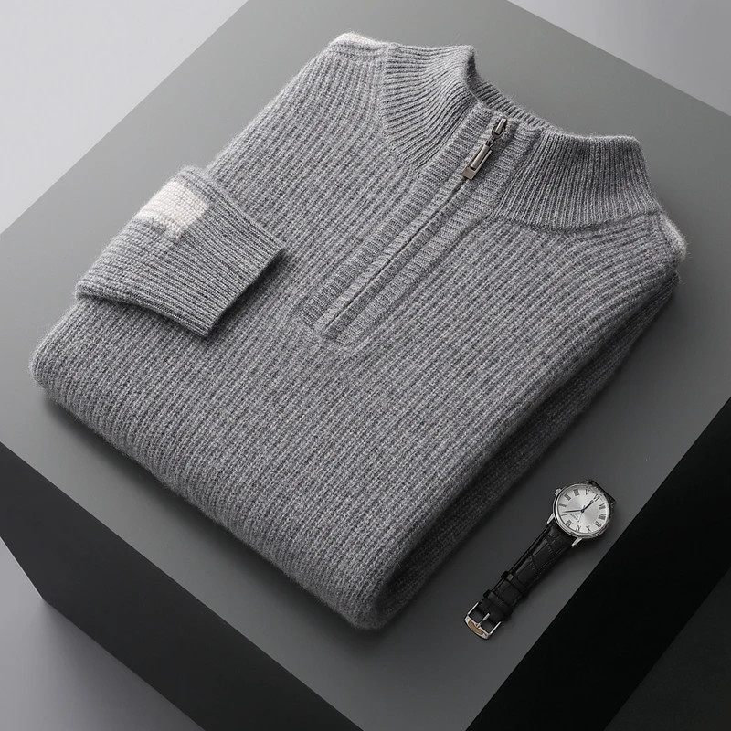 4-Color High Quality Thickened Warm Pure Cashmere Sweater Man Winter Half-high Neck Zipper Casual Knitted Soft Men's Pullover