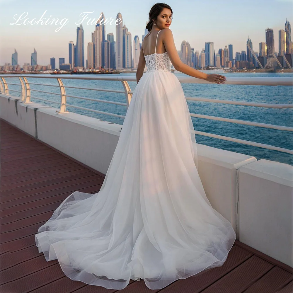 Bohemian Sleeveless Lace Wedding Dress Luxury Spaghetti Straps Beach Tulle Bridal Gown A-line Sweep Train Robe De Mariee 2024