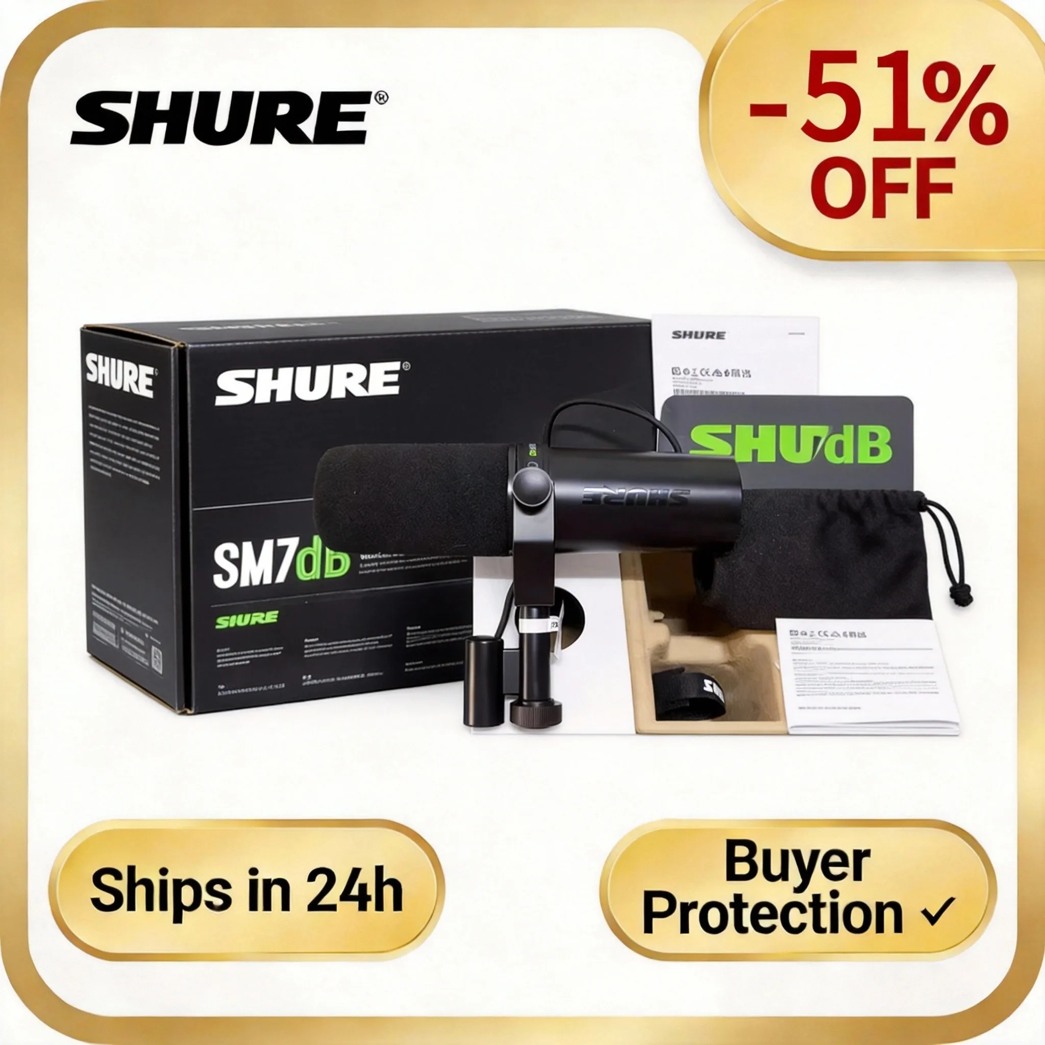 Shure SM7dB professionele dynamische cardioïde studiomicrofoon voor live-opnames en optredens - inclusief microfoonaccessoires