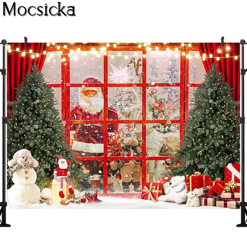 Red Windows Christmas Backdrop Santa Xmas Tree Gift Snowman Photography Kids Family Portrait Photo Props Studio Booth Background