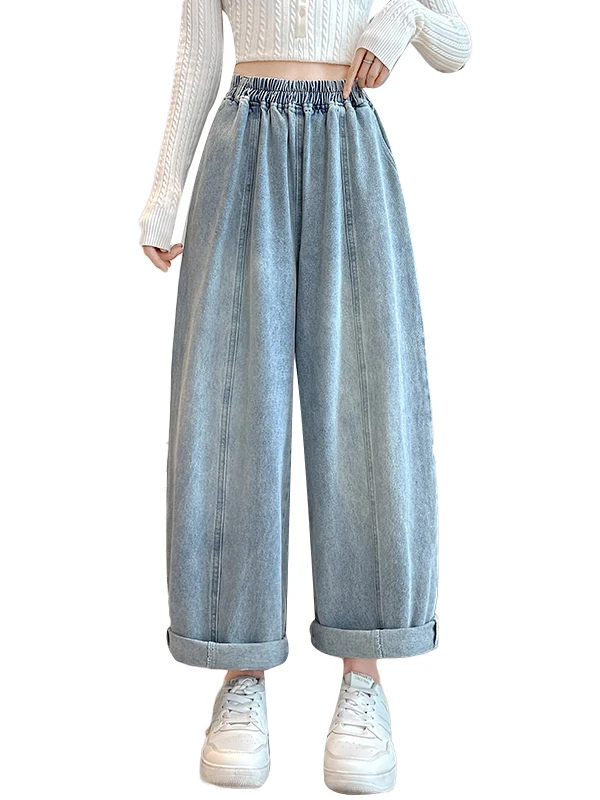 ハイウエストコットンデニムルーズストレートレッグレディースジーンズハーラン秋冬スレライトブルー9点ダッドパンツ