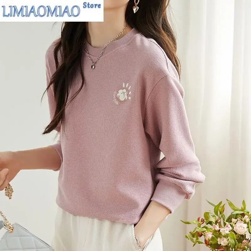 

Autumn New Solid Color Embroidered Sweatshirts Women Classic Long Sleeve O-collar All-match Loose Fashion Comfortable Top