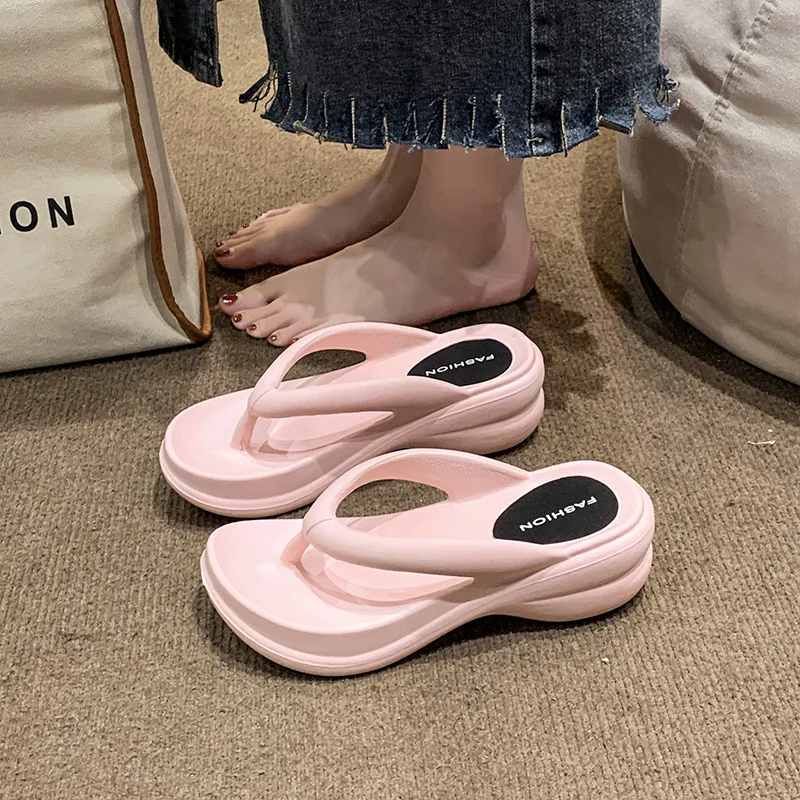 Wholesale 6CM Summer Women Sweet High Heeled Slippers  Girls Indoor Bedroom Soft Wedges Flip Flops Adults Outdoor Thick Sandals