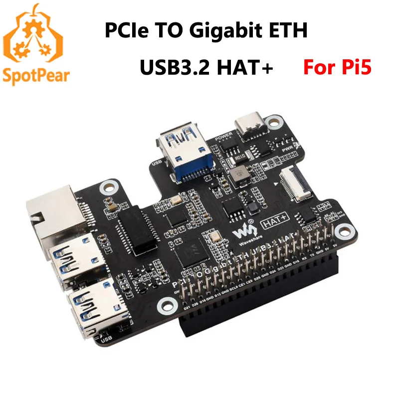 Raspberry Pi 5 PCIe To Gigabit Ethernet And USB 3.2 Gen1 HAT 3x USB 3.2 Gen1 Gigabit Ethernet Pi5 PCIe HAT