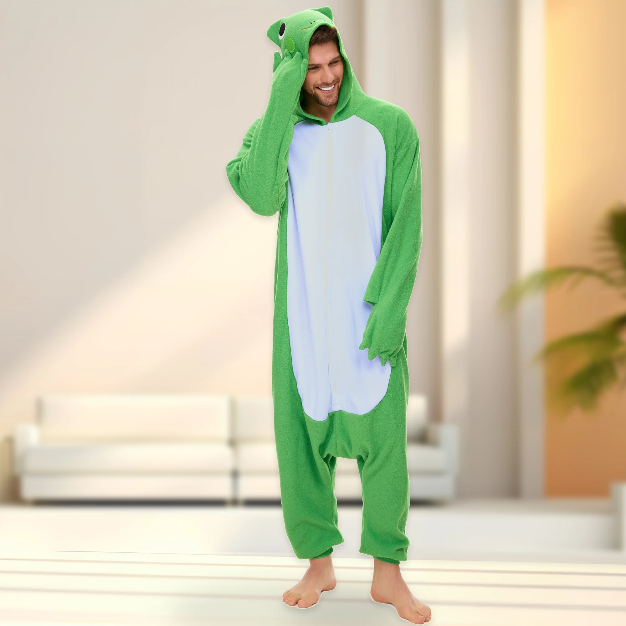 

CANASOUR Frog Costumes Adults Men One Piece Winter Hooded Pajamas Halloween Christmas Animal Cosplay Onesie Jumpsuit Sleepwear