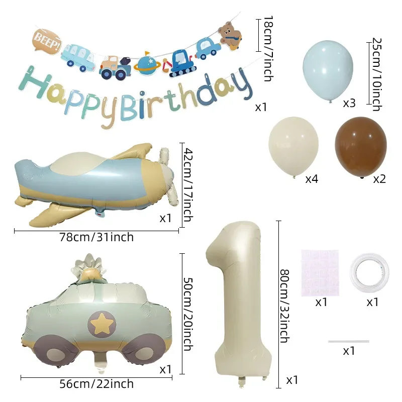 16pcs Cream Number Car Airplane Foil Balloons 1st Birthday Party Decor Kids Girl Boy Baby 1 2 3 4 5 6 7 8 9 Year Old Supplies