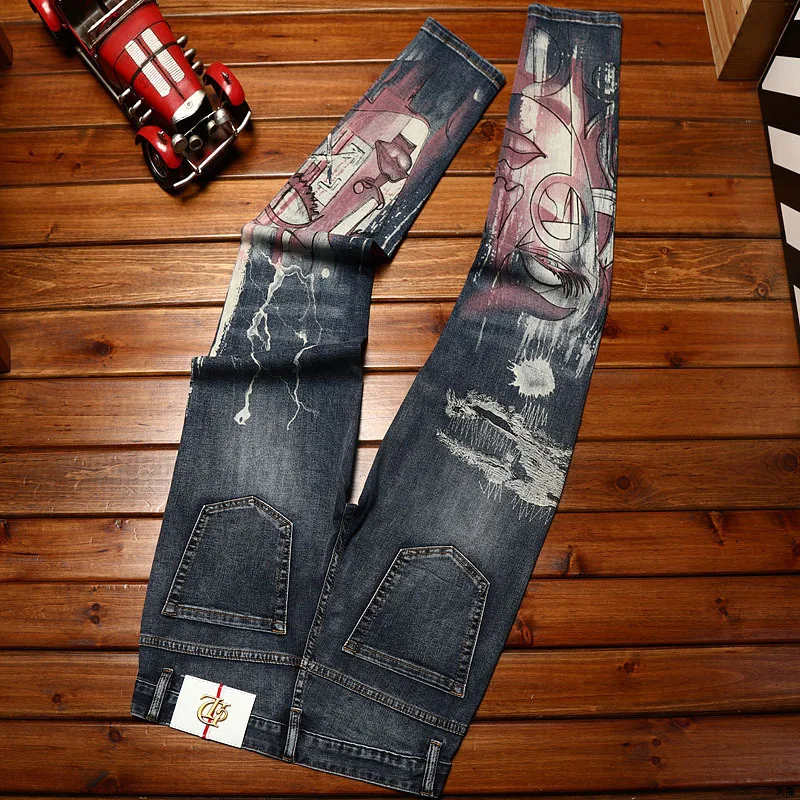 High-grade printed fashion jeans men's slim fit light luxury casual trend washed stretch denim long skinny pants