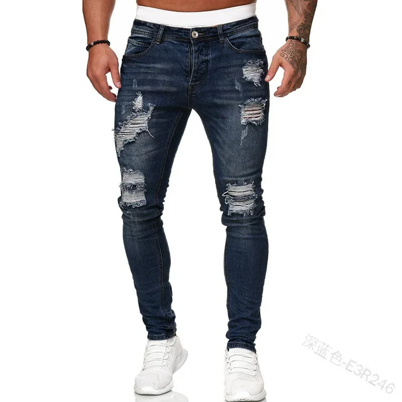 Ripped Men Jeans Denim Pant Mid Waist Slim Fit  Vintage Denim Wash Punk Style Skinny Pencil Pants Distressed Holes Ankle Length