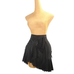 Embroidered Rose Tassel Latin Dance Skirt Women Practice Clothes Black Hip Scarf Adult Rumba Samba Salsa Dance Clothing DNV20735