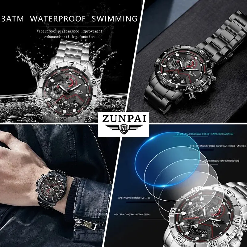 ZUNPAI Original Watch for Men TOP Brand Waterproof Sports Stainless Steel Chronograph 2023New Fashion Luxury Wrist Watches