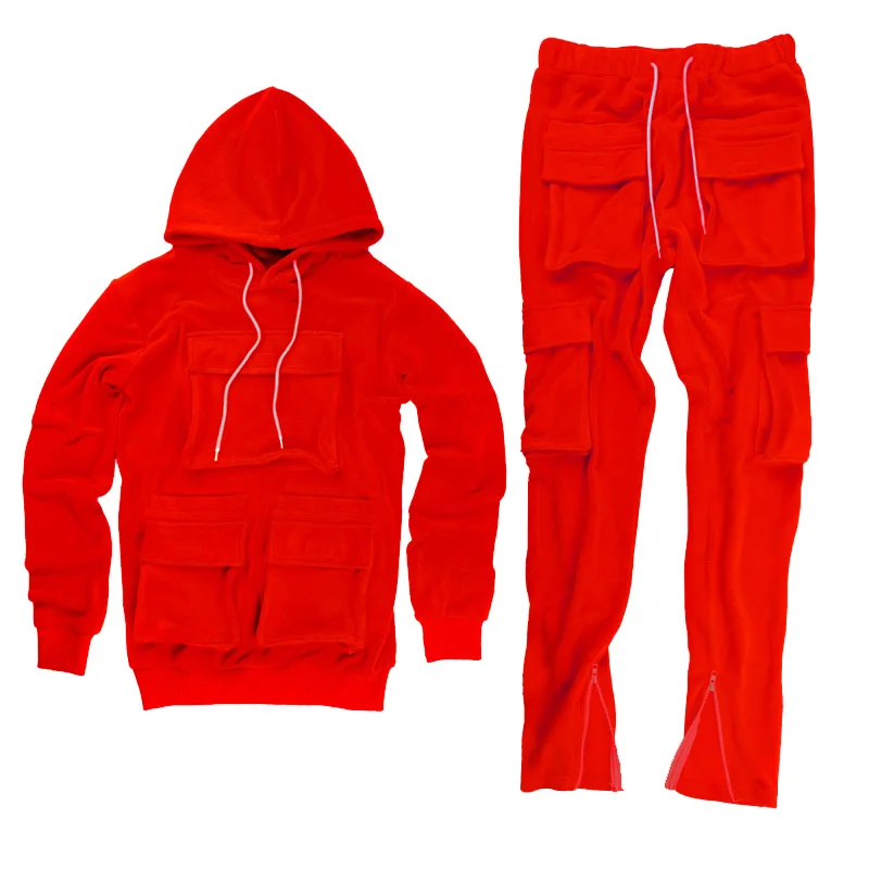 Top Fashionable Multi Pockets Fall Men Two Piece Cargo Outfits Hoodies Set Sweatsuit Joggers Men Tracksuit Street Wear