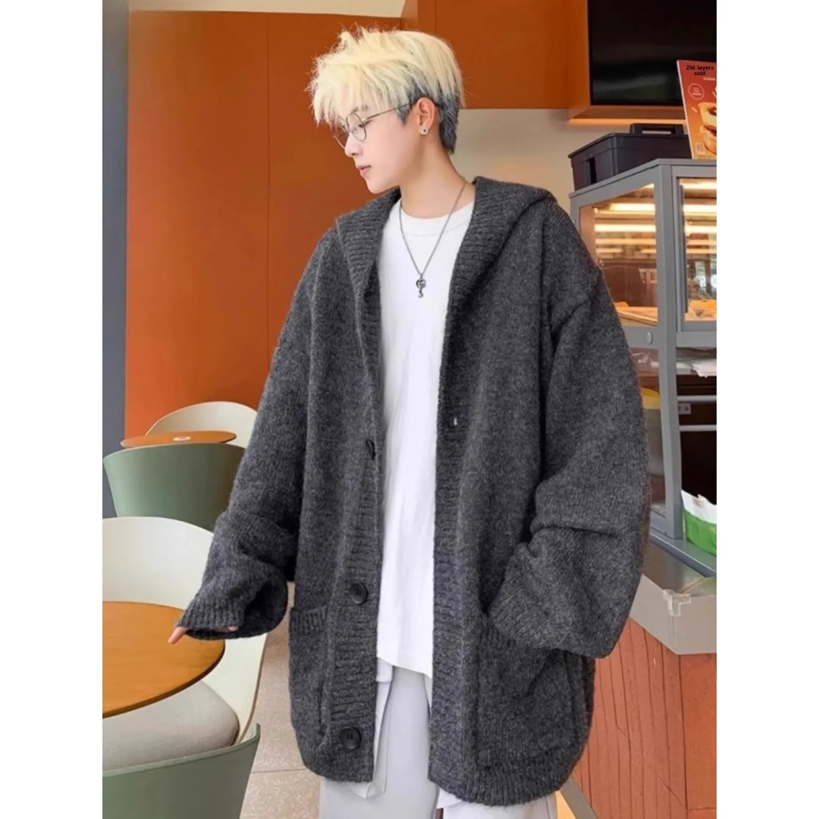 

Extra Large 300 Pou Loose Lazy Sle ey Hooded Knitted Sweater Men's Autumn Winter Trendy Fat People Open Cardigan Coat