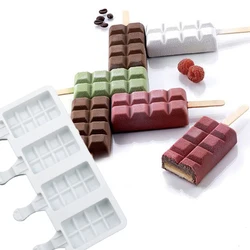 4 Cells Ice Cream Moulds Grid Texture Silicone Popsicle Molds Juice Ice Cube Tray Wooden Popsicle Stick Ice-lolly Baking Tools