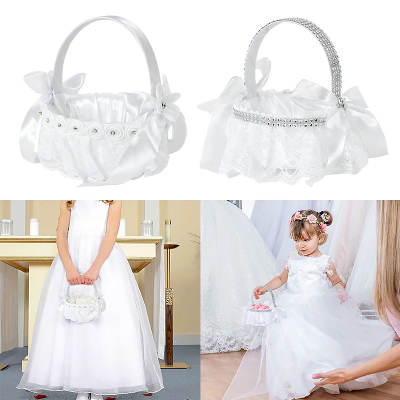 1Pc White Wedding Flower Basket Lace Silk Children Hand-Held Basket Wedding Ceremony Party Accessories Party Supplies