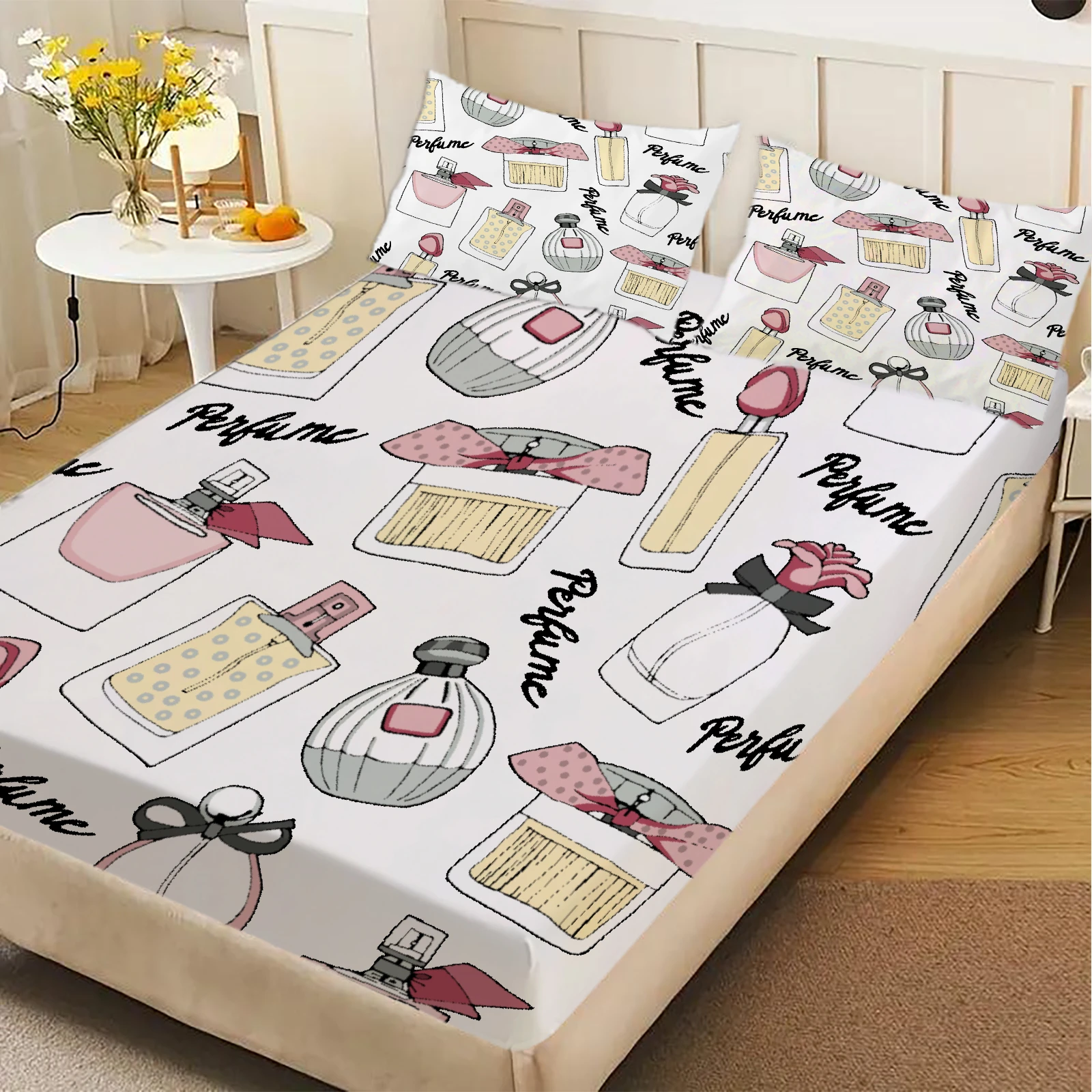 3pcs White Fitted Sheet Room Decor For Girls Cosmetics Makeup Brushes Lips Perfume Pattern Printed 100% Polyester Flat Sheet Set