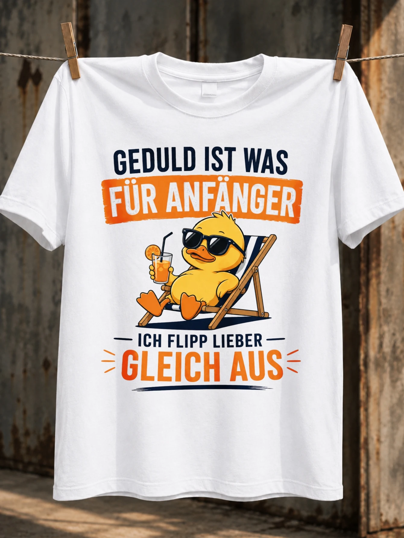 T-shirt unisexe avec citation de canard impatiemment patientant en allemand, avec lettrage orange et bleu, typographie minimaliste de dessin animé