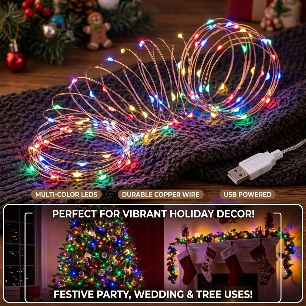 USB Powered Fairy String Lights Copper Wire Warm White for Christmas Weddings Parties Festival Garden Patio Home Decoration