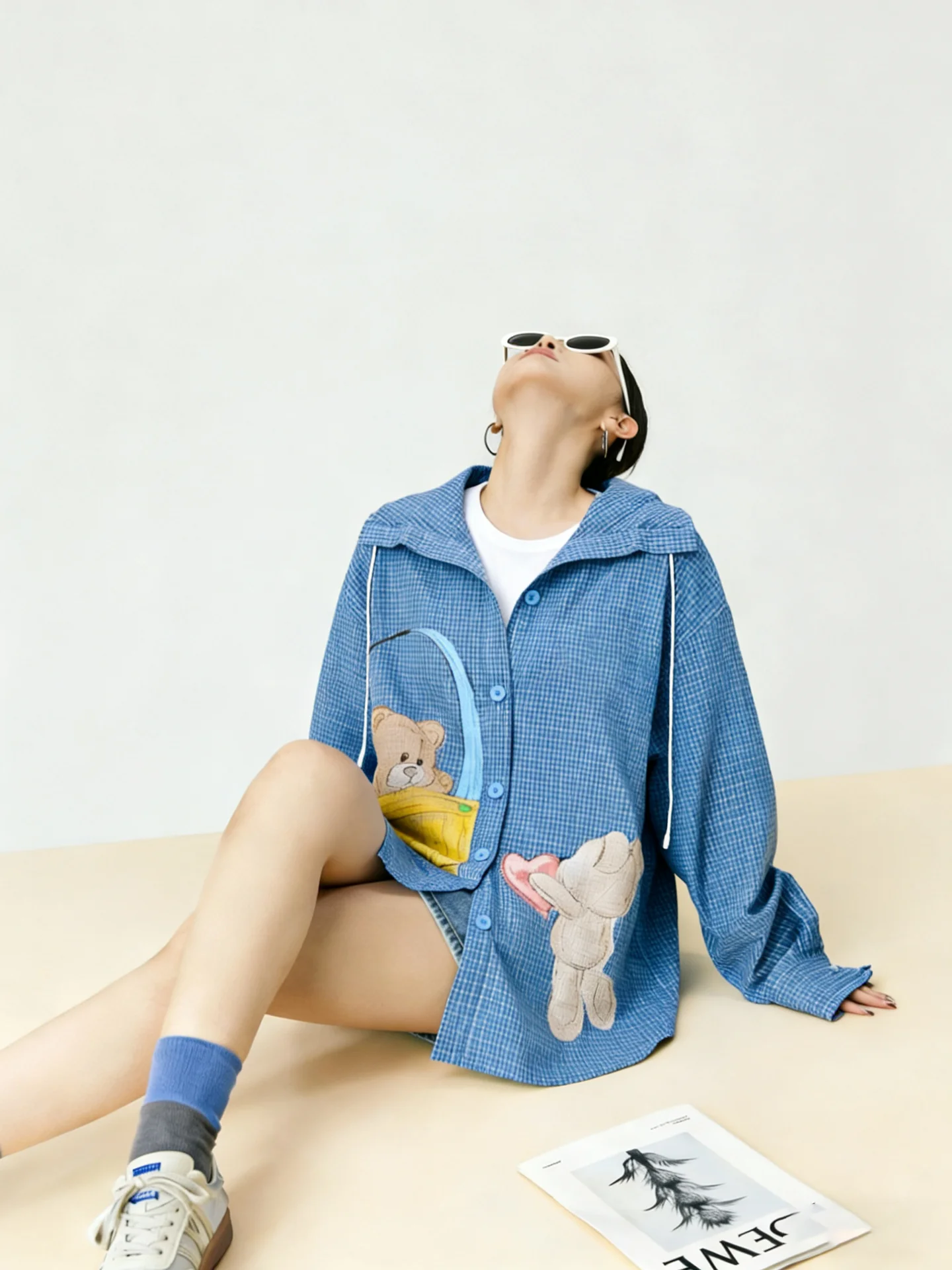 

Синяя клетчатая рубашка с принтом медведя, женская повседневная свободная рубашка с длинными рукавами, весенний модный топ, дизайн Sensation Small