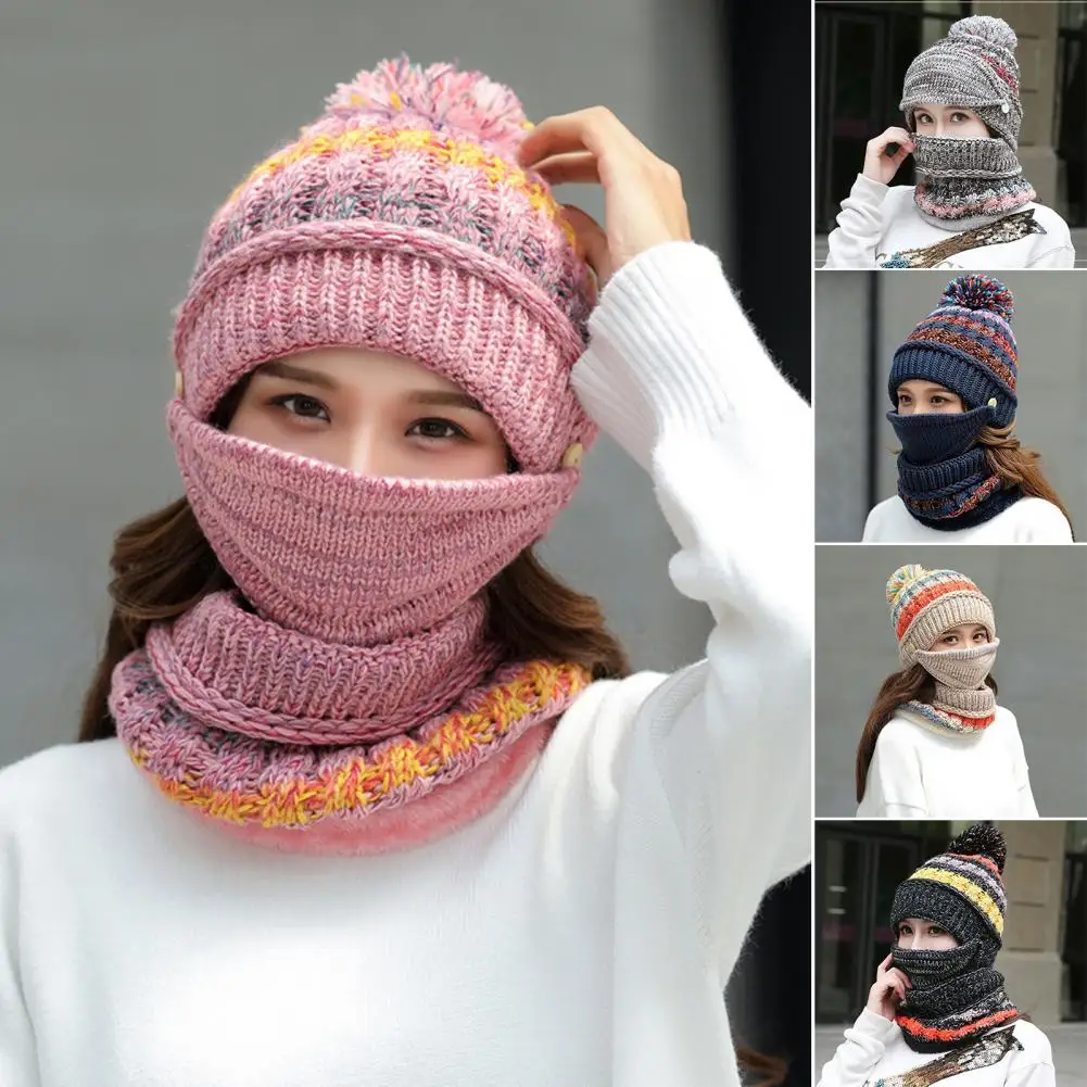 

Fine Workmanship Scarf Set Cozy Winter Accessories Set Knitting Hat Scarf Face Guard with Plush Lining Furry Ball Decor Stay