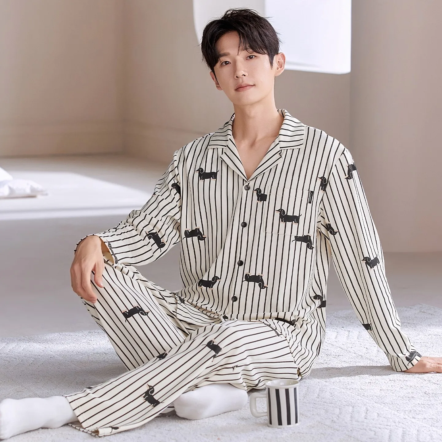 Korean Fashion Men's Cotton Loungewear Cardigan Nightwear Big Size L-3XL Pajamas Pjs Pyjamas Homme Long Sleeves 2026 New Arrival