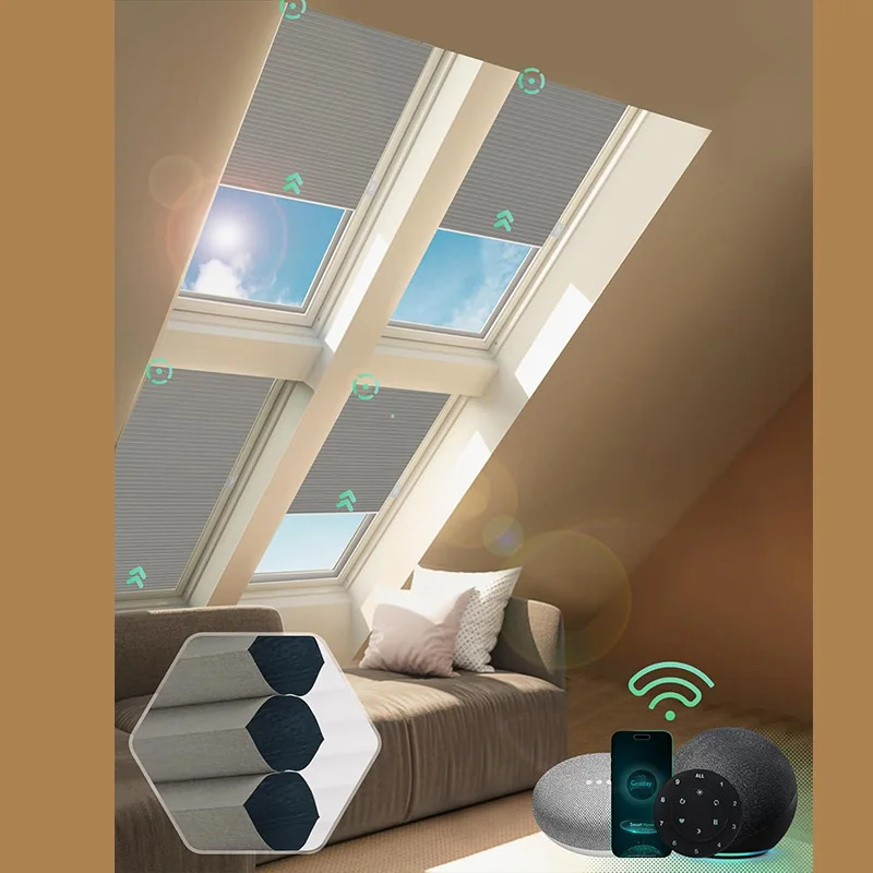 

Blackout Electric Cordless Honeycomb Blinds With Remote For Roof Inclined Plane Room