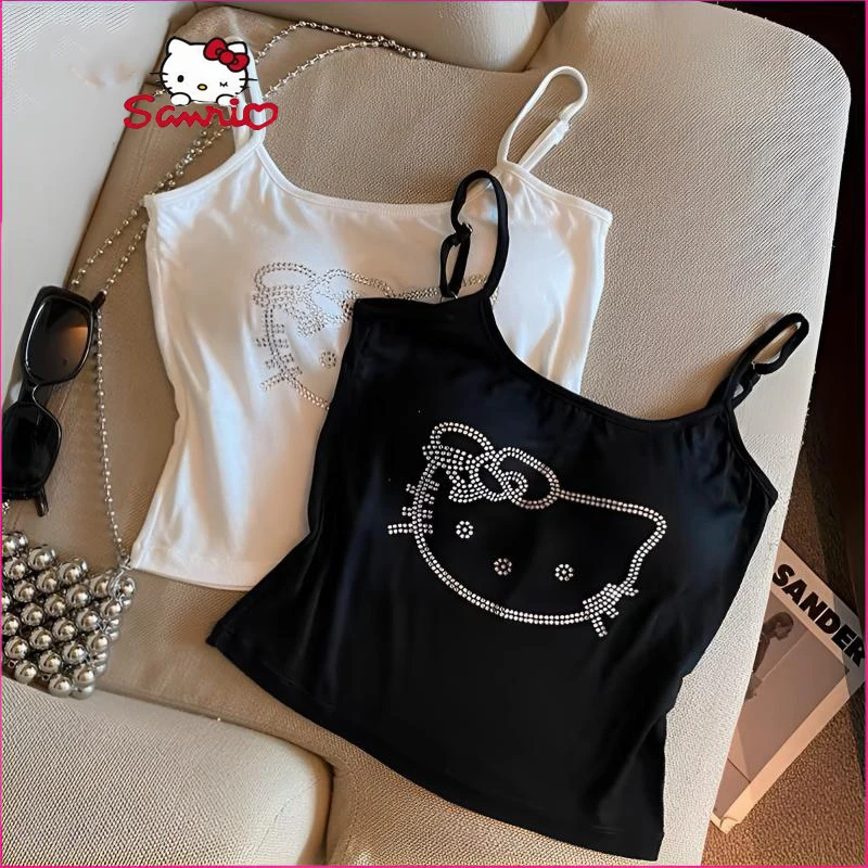 

Hello Kitty Tank Tops Y2K Solid Color Slim Sling Wear Vest Top Fashion Crop Tees Diamond with Chest Pads Bra Sexy Women Clothing