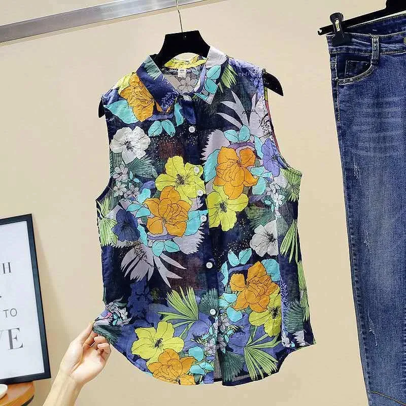 Women Summer Style Blouses Shirts Lady Casual Sleeveless Turn-down Collar Printed Blusas Tops