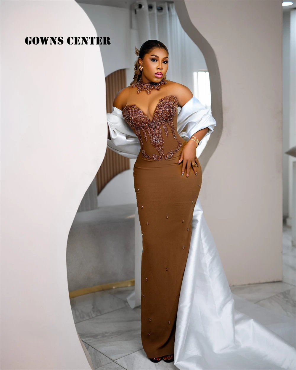 

Brown Halter Beaded Aso Ebi Split Evening Dress Stones Luxury Party Dresses Women 2025 Wedding Night Dress African Customized