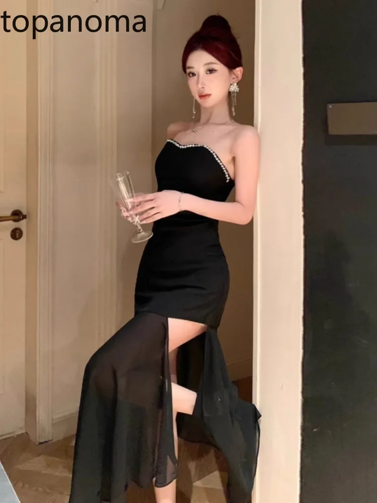 Topanoma Women Evening Dresses Strapless Rhinestone Slash Neck Split Slim Irregular Ruffles Patchwork Cocktail Dress Party Sexy