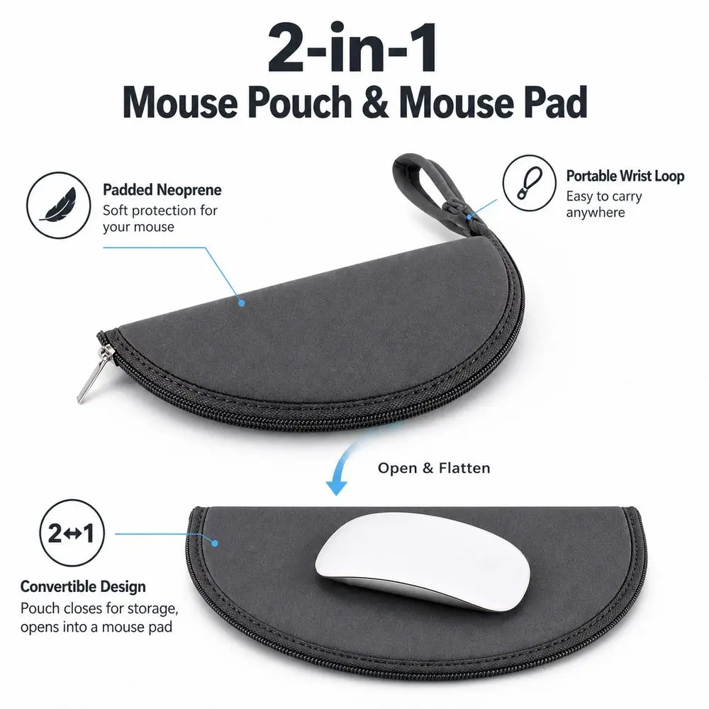 Padded Protection Mouse Storage Pouch Convertible Mouse Pad Zipper Closure Mouse Pad Pouch Wrist Strap Mouse Travel Case