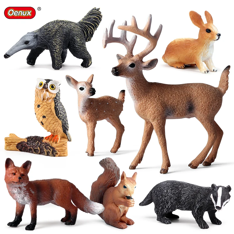 Oenux 8PCS Wild Animals Forest Owl Fox Deer Squirrel Rabbit Action Figure Model Miniature Cake Toppers Education Toy Kids Gift