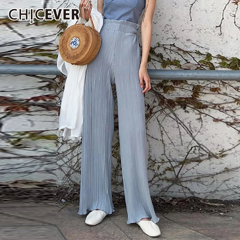 

CHICEVER Spliced Pleated Pants For Women High Waist Patchwork Lace Up Casual Wide Leg Long Trousers Female Spring Fashion New